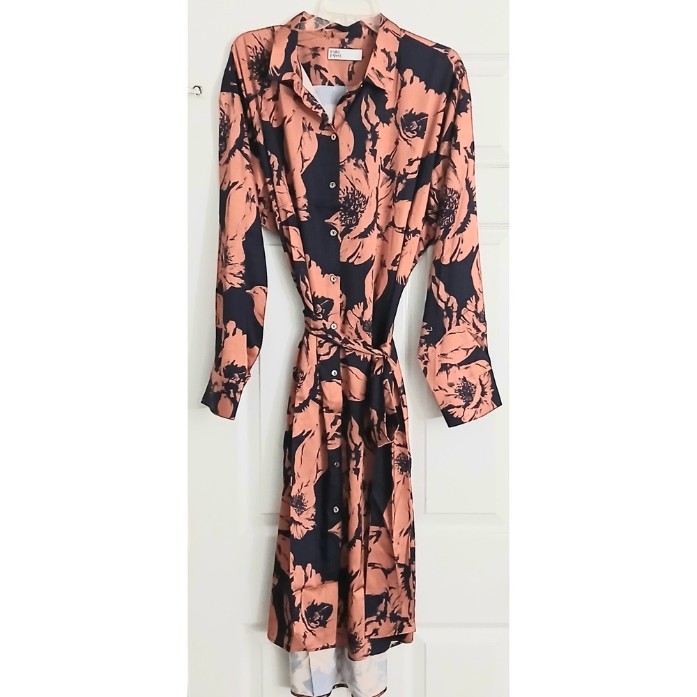 Pari Passu Shirt Dress Size 5 (US 20) Floral Orange & NavyButton Front Tie Waist